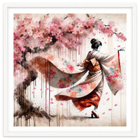 Geisha Under Cherry Blossoms In Motion