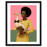 Stylish Woman Holding Goose In Striped Dress thumbnail