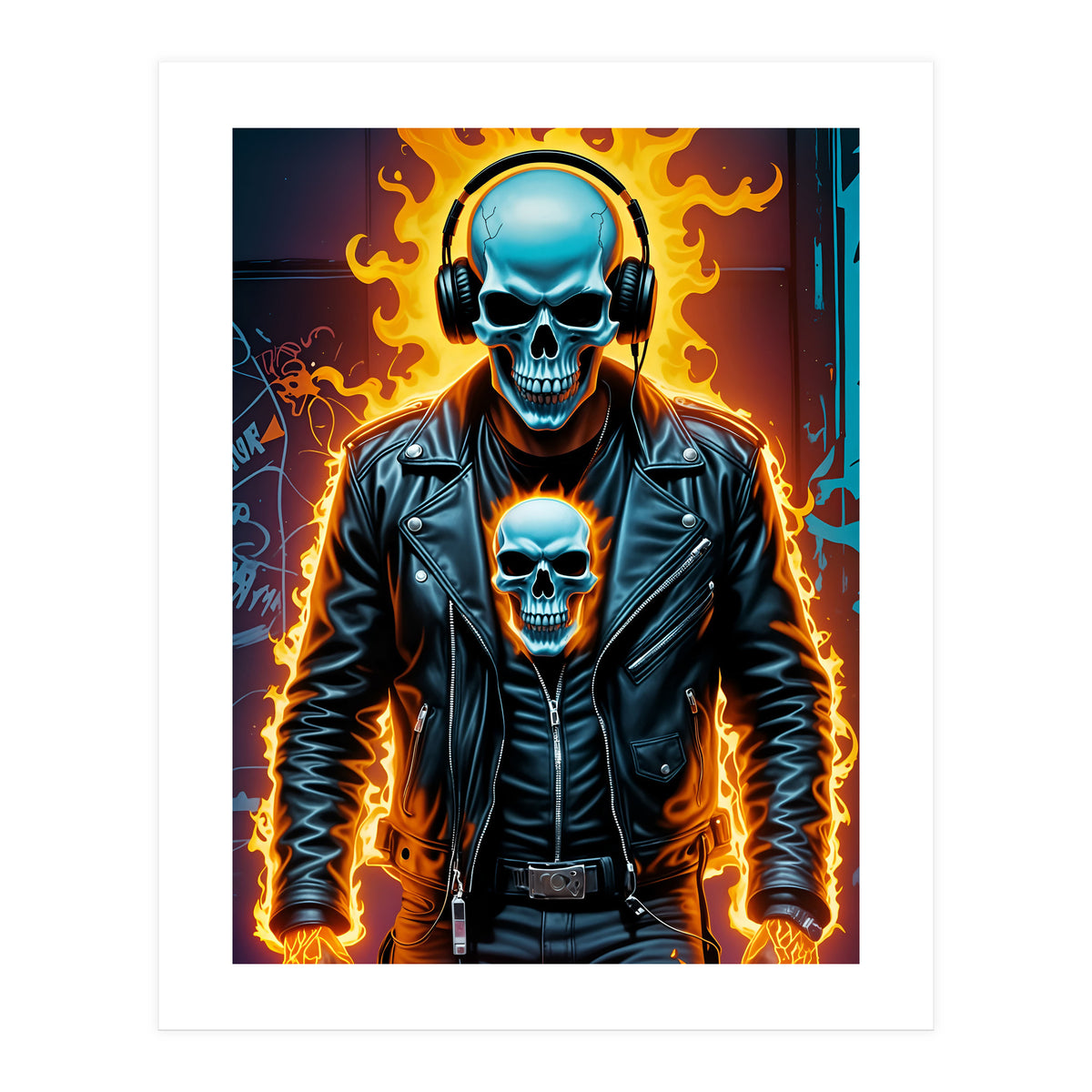 Fiery Skeleton Biker In Headphones (Print Only)