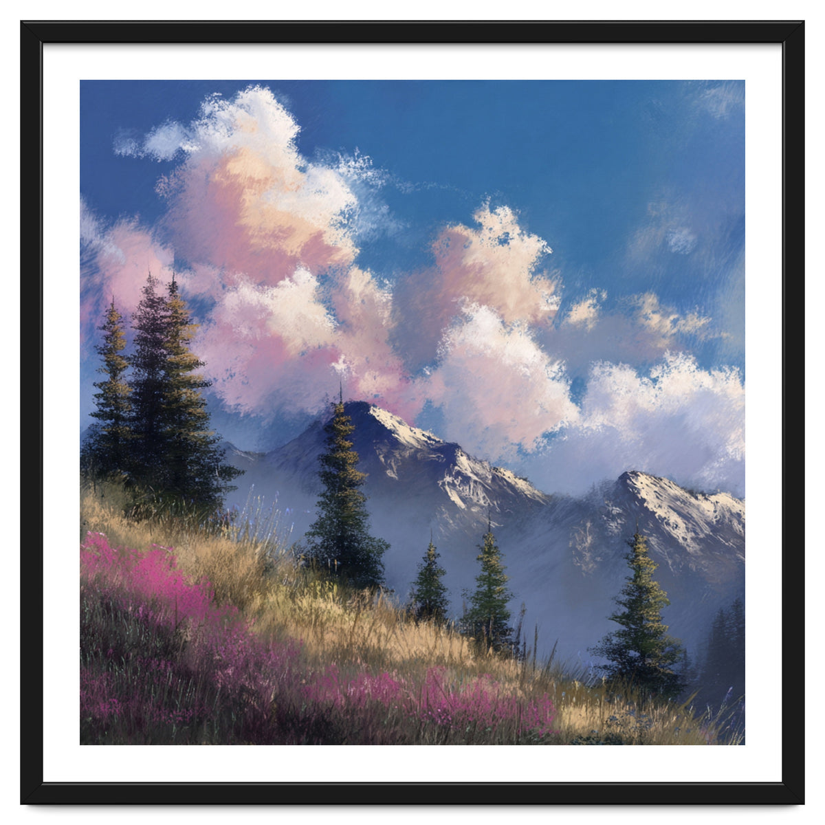 Alpine Summer Meadow with Vibrant Wildflowers and Snow