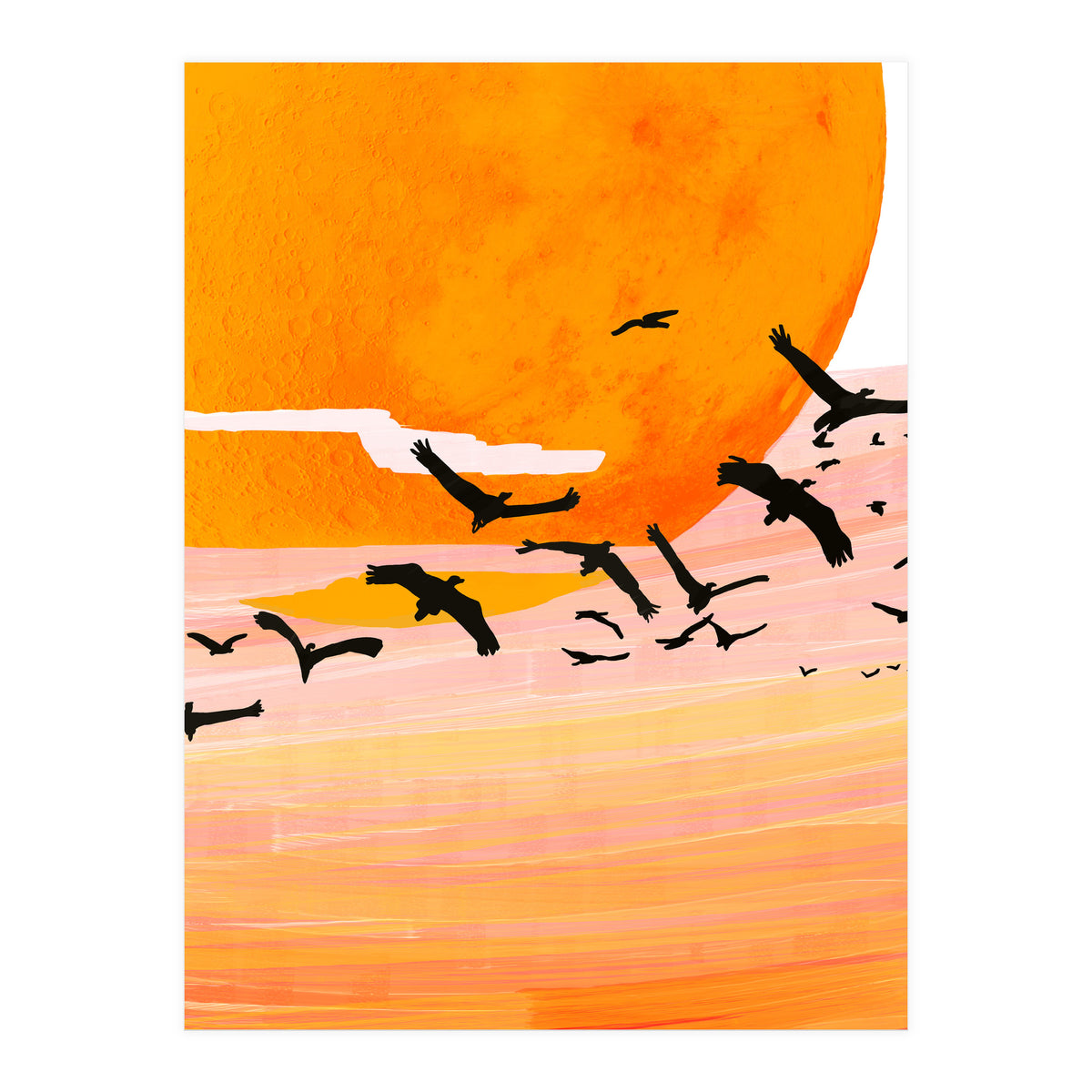 Time Flies, Birds Wildlife Fly Freedom Nature, Sun Sunset Sunrise Positivity Hope Painting, Growth Migrate Gift Animals Blush Sky Bohemian (Print Only)