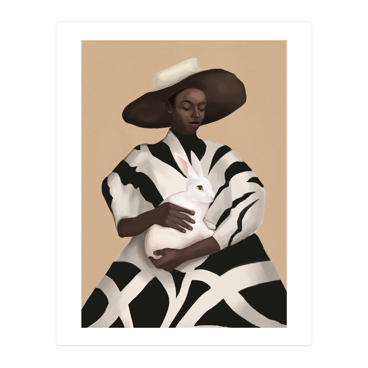 Woman In Stripes Holding A White Rabbit (Print Only)