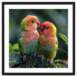 Lovebirds Pair Perched On Mossy Branch Outdoors thumbnail