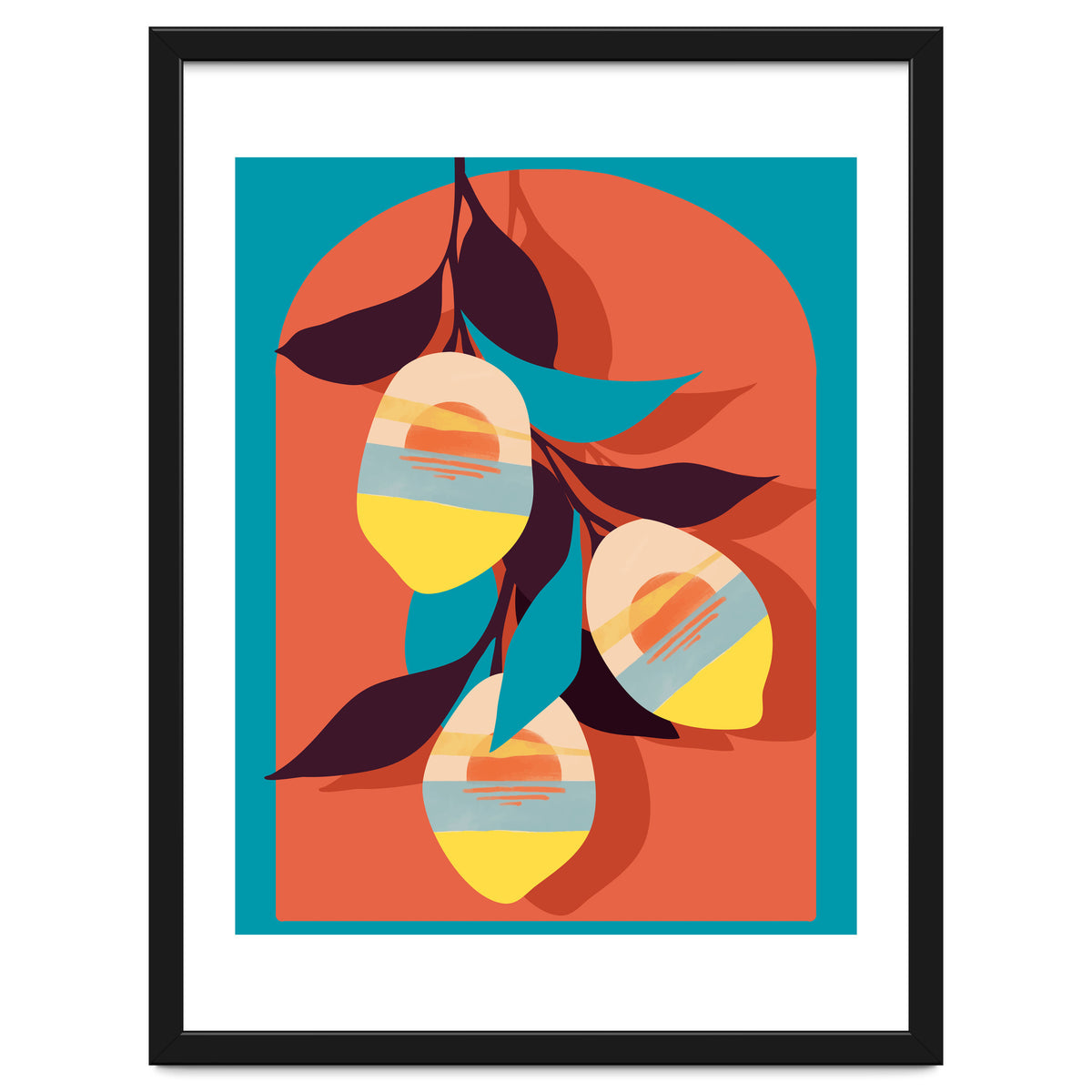 Lemon Sunset, Eclectic Botanical Colorful Bohemian Fruits, Food Pop Of Color Lime Retro