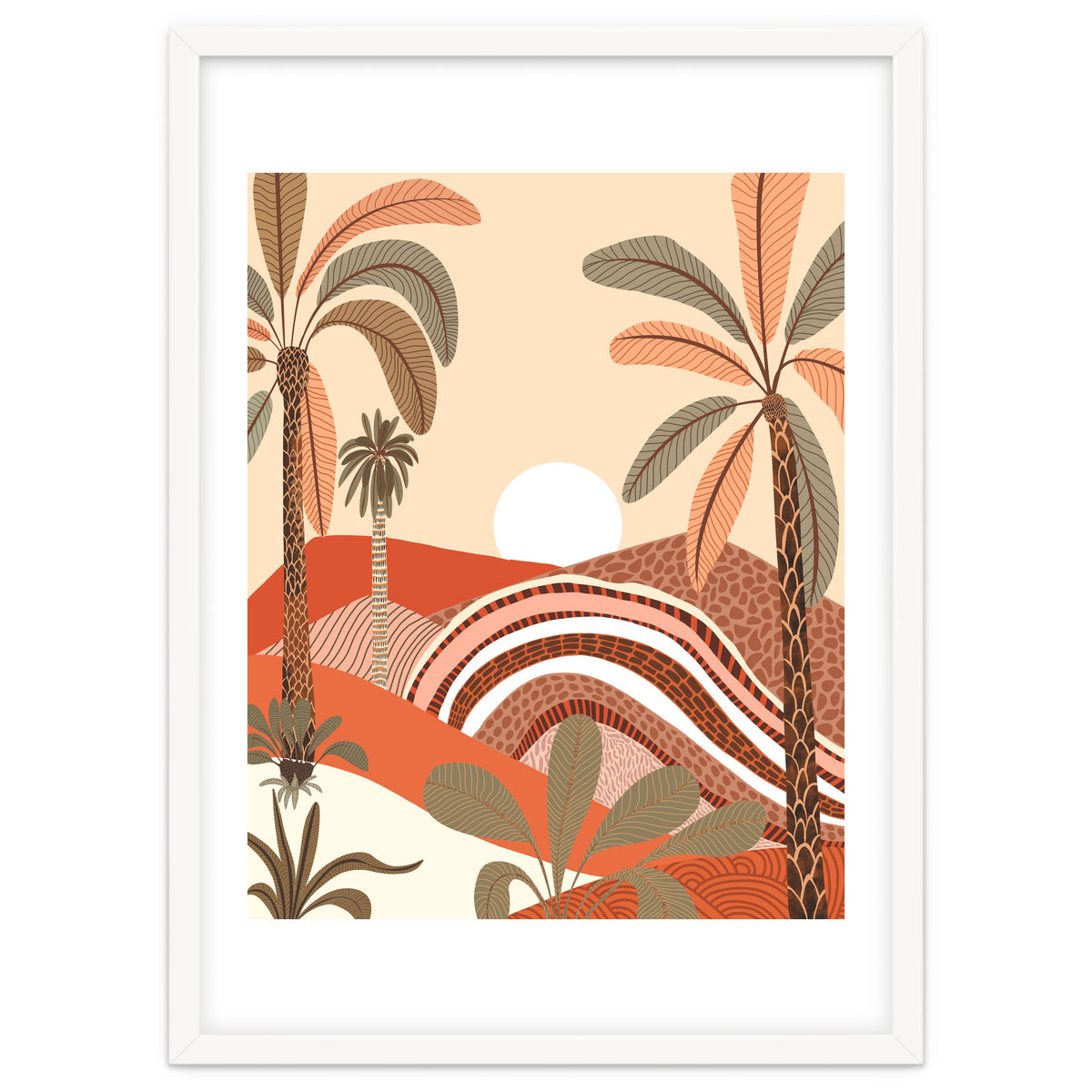 Epiphany, Pastel Rustic Sunrise Sunset, Bohemian Nature Landscape Illustration, Mountains Adventure Palm Trees