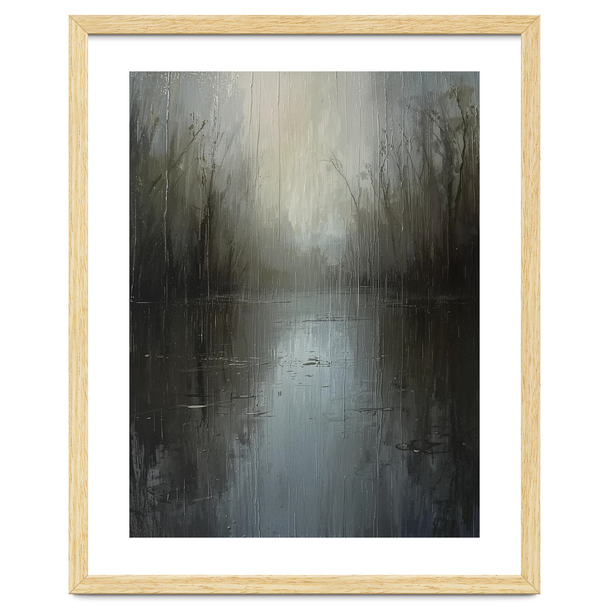 Ethereal Rainy Lake Forest Oil Painting
