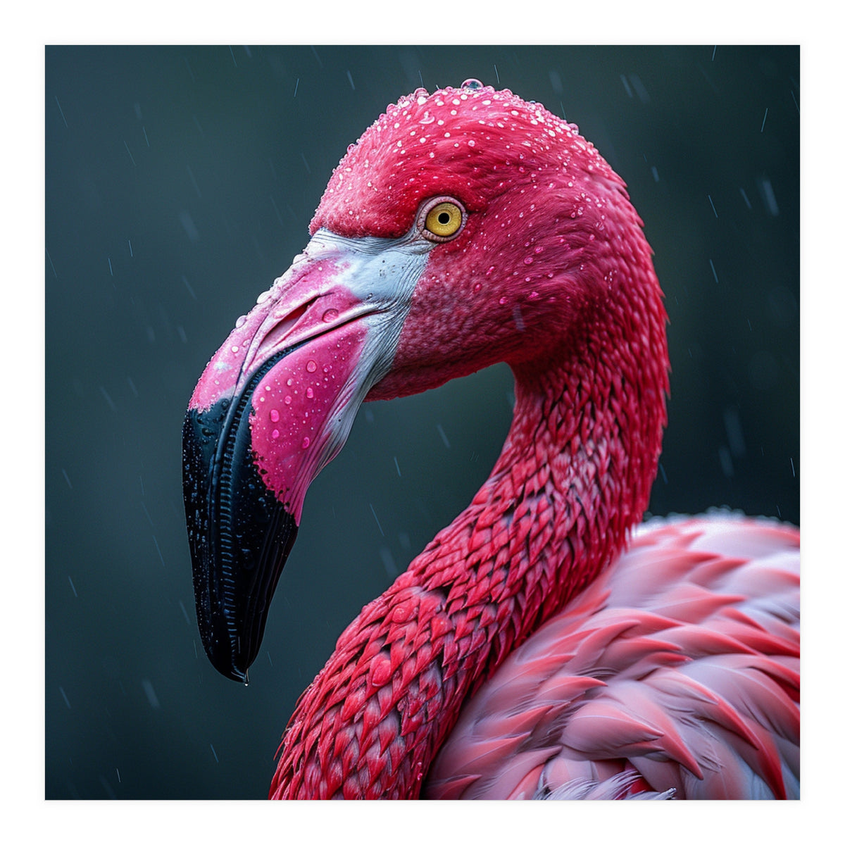 Close Up Pink Flamingo In Rain Drops (Print Only)