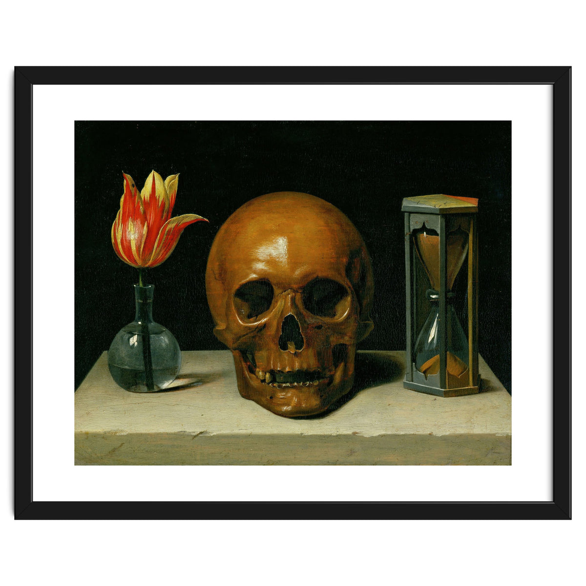 Vanitas, allegory of fleeting time with skull and hour-glass. Oil on canvas.