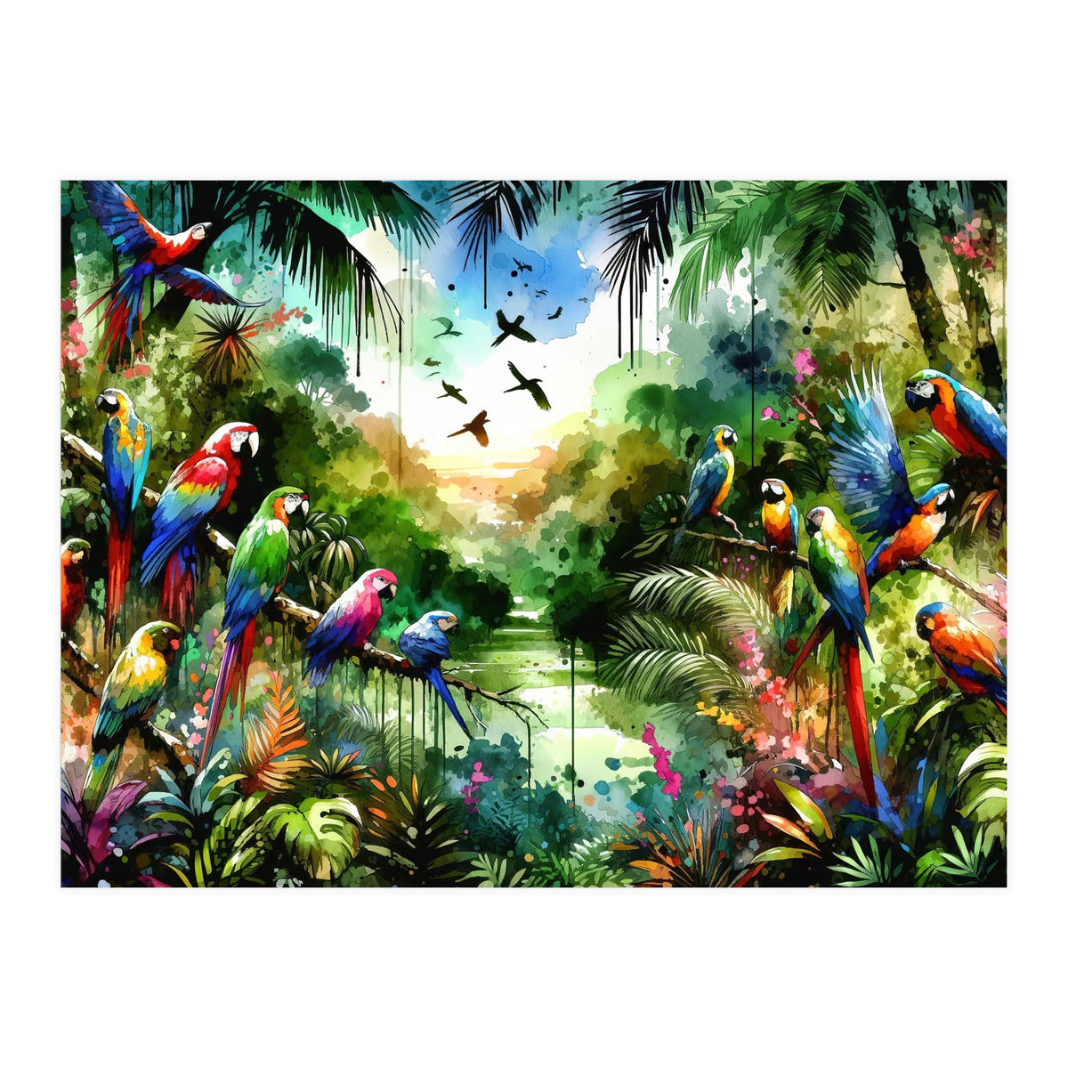 Watercolor Tropical Birds In The Jungle (Print Only)