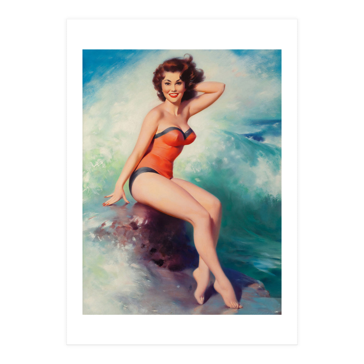 Pinup Girl Posing In Front Of Big Waves On The Beach (Print Only)