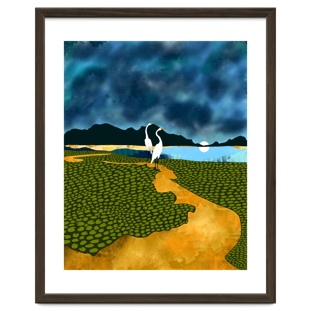 Great Egrets On Honeymoon Island, Heron Wildlife Painting Nature Landscape, Travel Dark Scenic Birds Love Animals Lake Bohemian