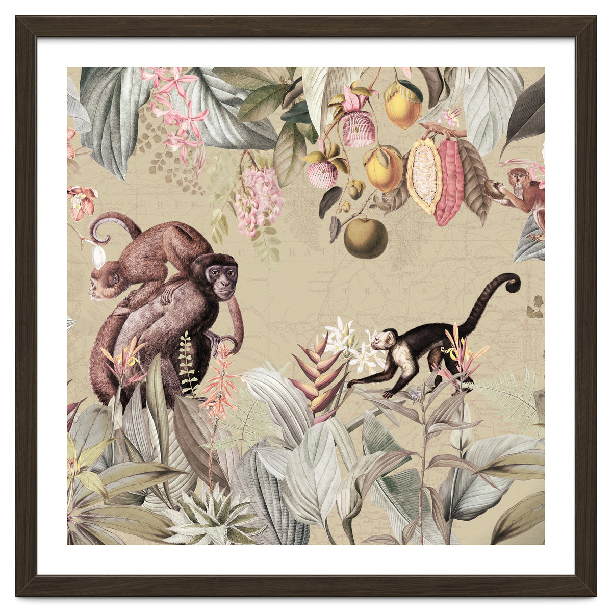 Vintage Exotic Monkeys In African Jungle Landscape
