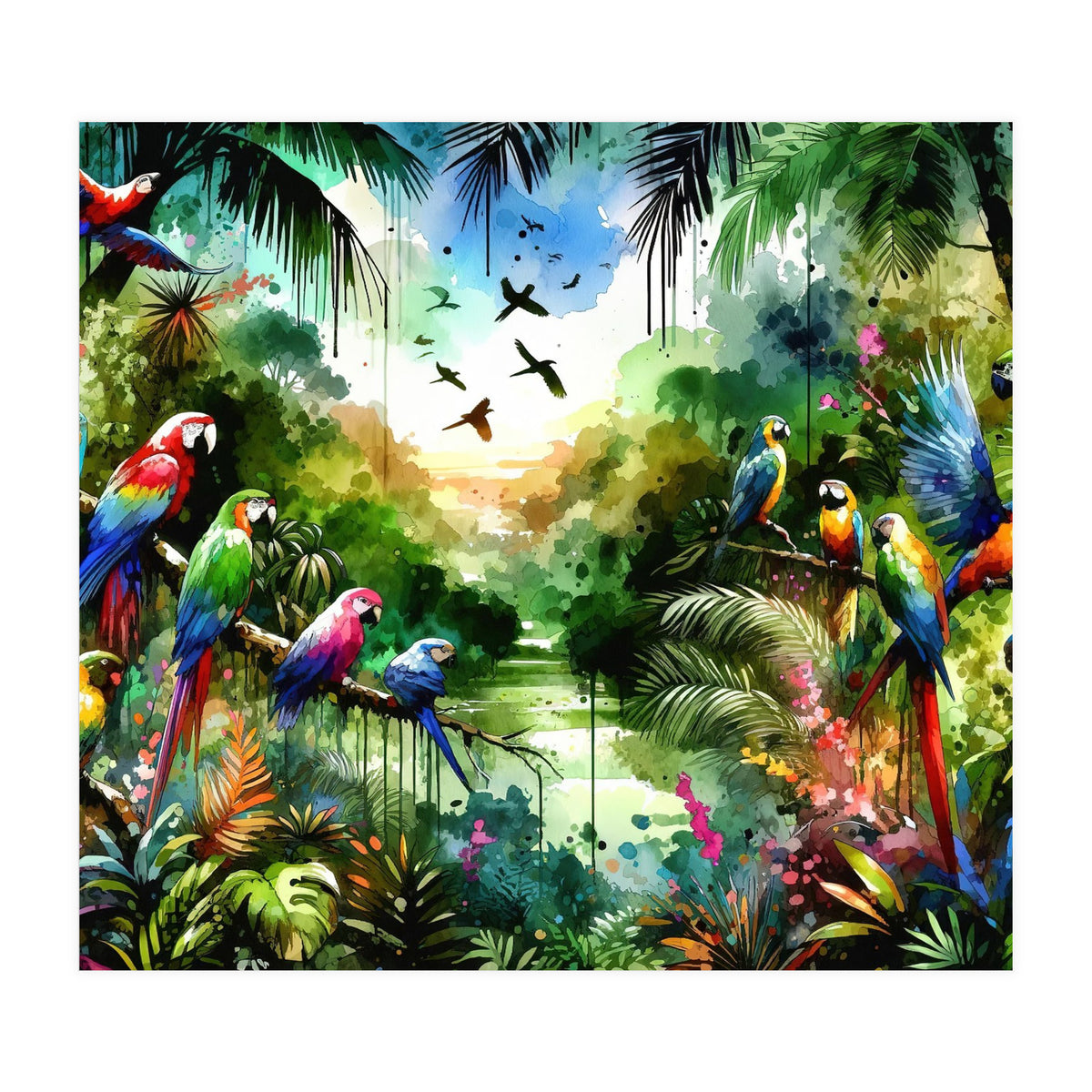 Watercolor Tropical Birds In The Jungle (Print Only)