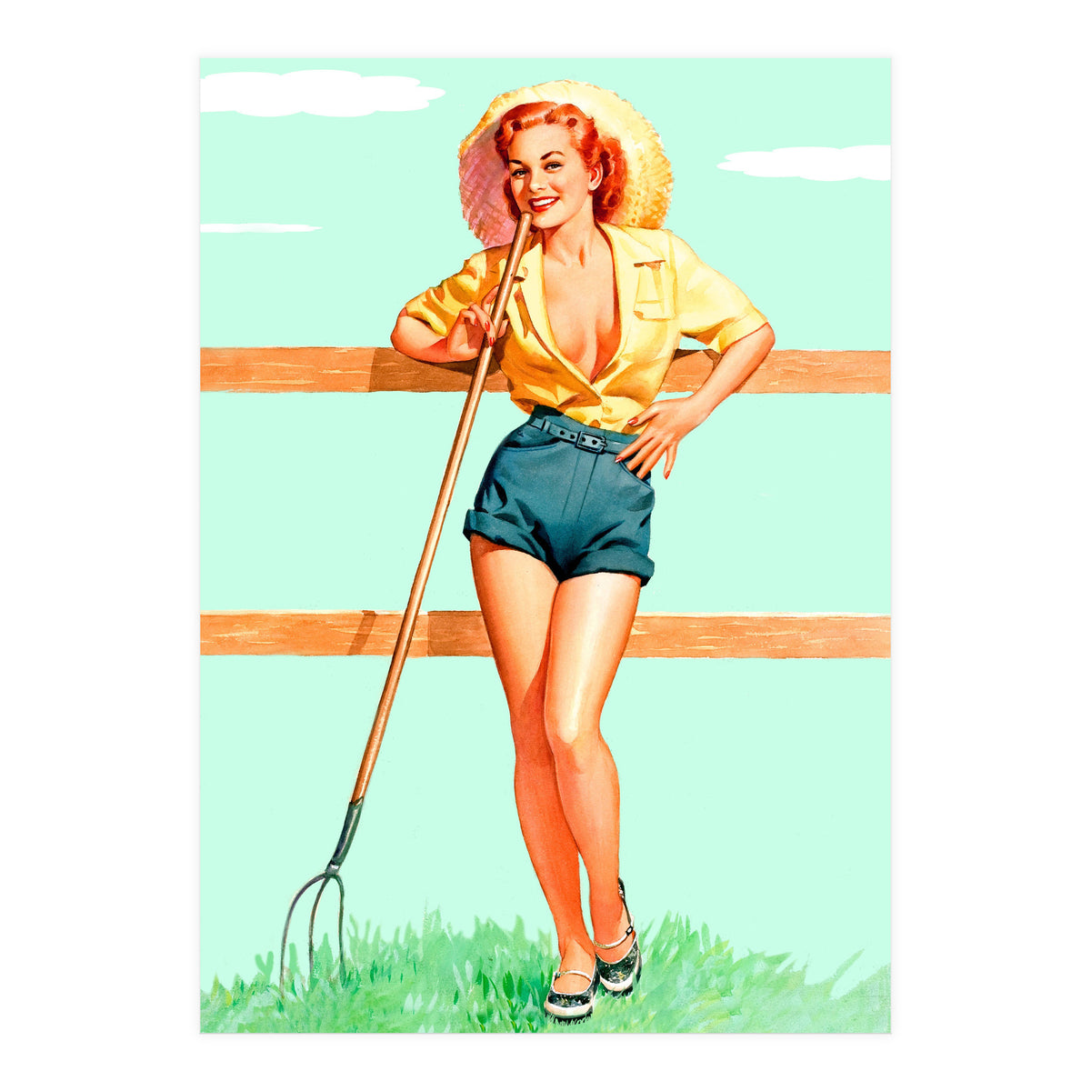 Pinup Country girl Posing With Pitchfork (Print Only)