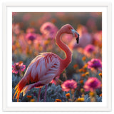 Pink Flamingo Standing In A Field Of Flowers thumbnail