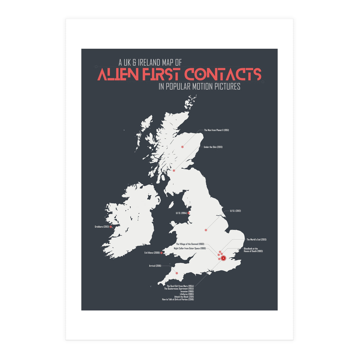 UK & Ireland Map of Alien First Contacts in Movies (Print Only)