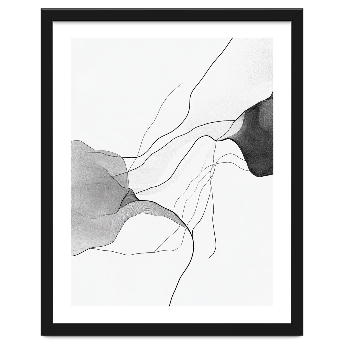 Abstract Black And White Flowing Lines And Shapes On White Background