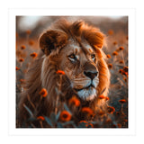 Majestic Lion Resting Among Orange Flowers (Print Only) thumbnail
