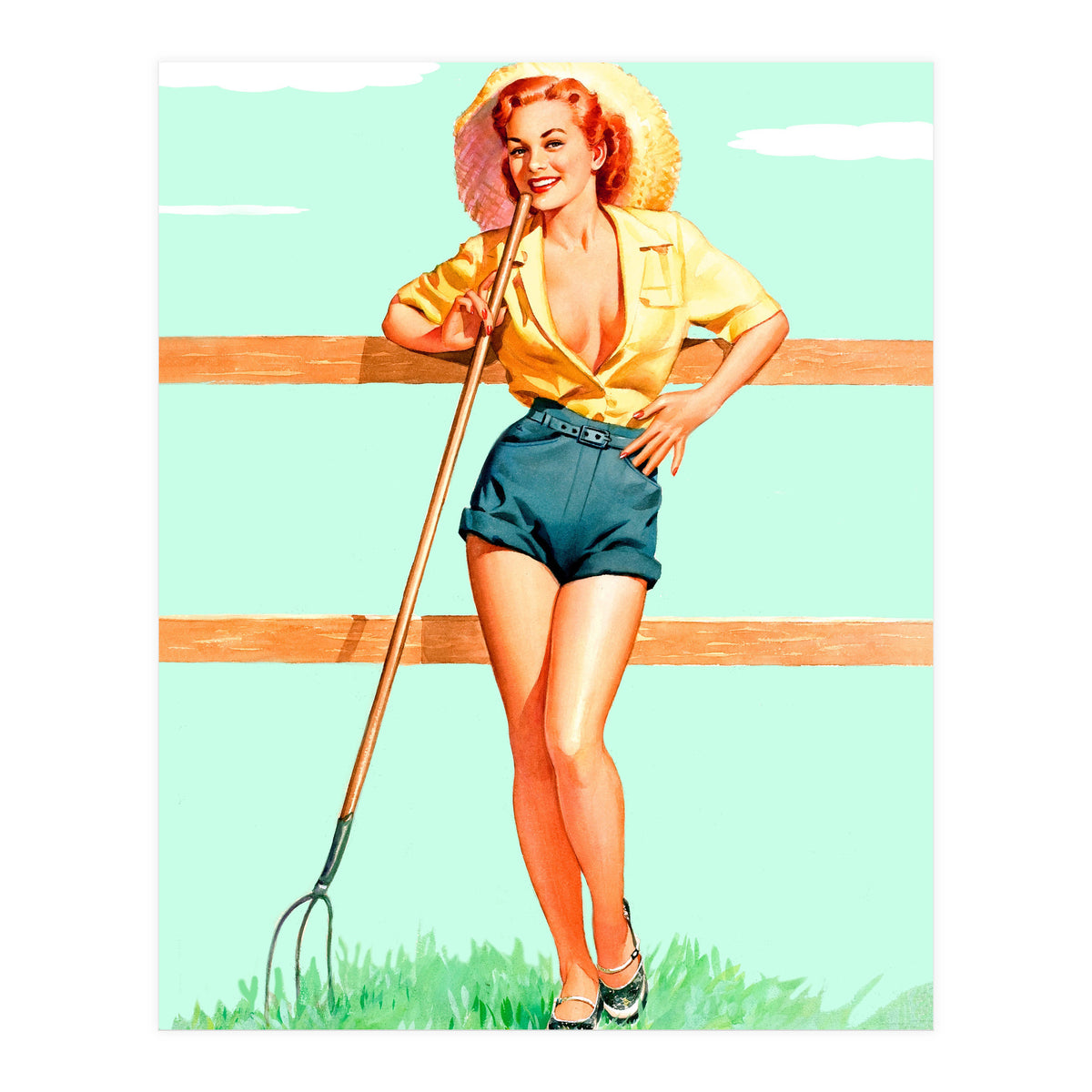 Pinup Country girl Posing With Pitchfork (Print Only)