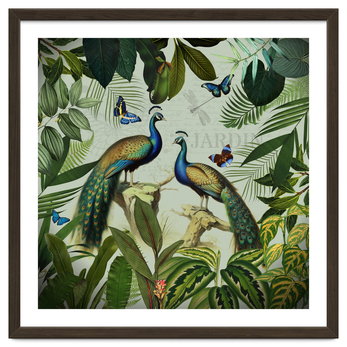 Vintage Exotic Asian Peacocks In Tropical Jungle Landscape