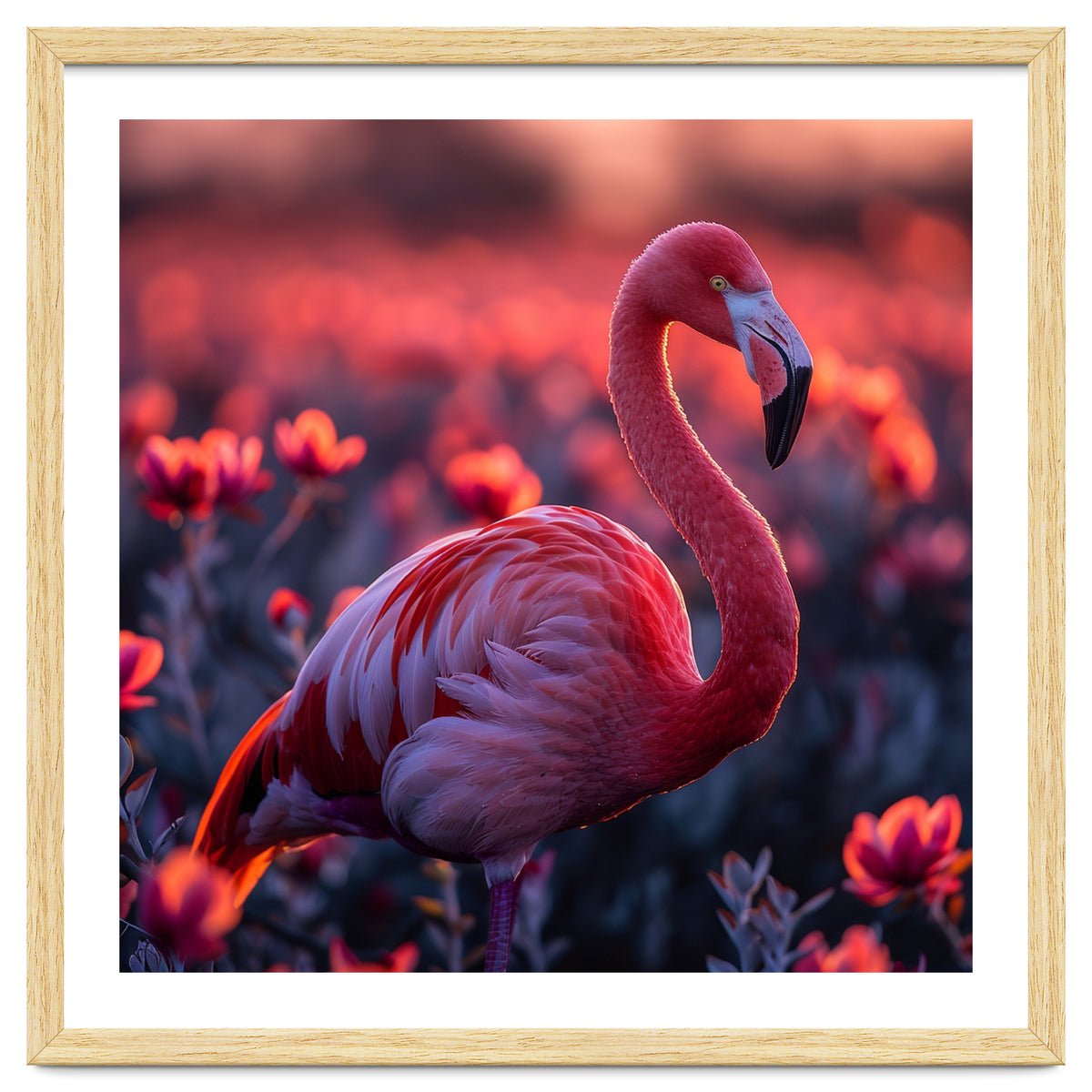 Pink Flamingo Bird Standing Among Flowers At Sunset