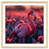Pink Flamingo Bird Standing Among Flowers At Sunset