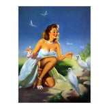 Beautiful Pinup Girl Feeding White Pigeons (Print Only) thumbnail