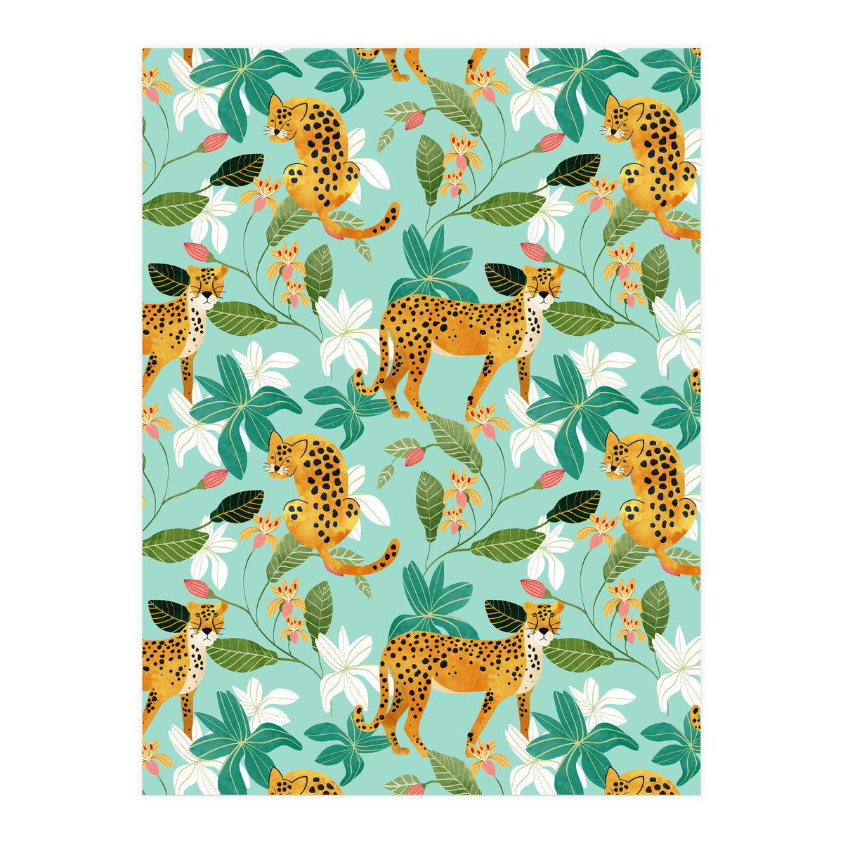 Cheetah Jungle, Wildlife Nature Wild Cats Tigers Leopard Botanical Animals Mint Quirky Illustration (Print Only)