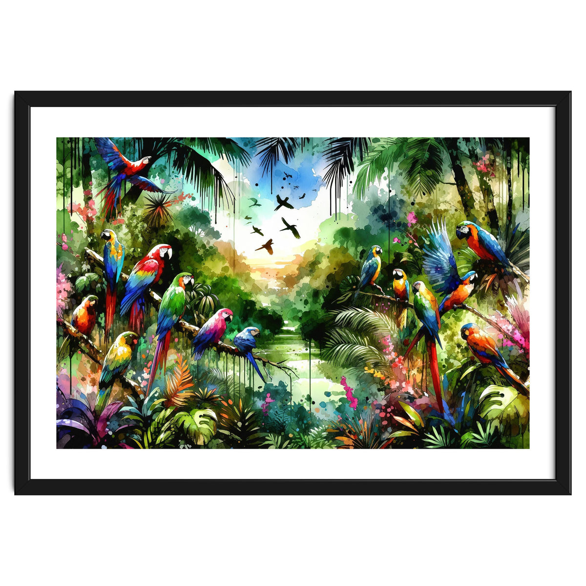 Watercolor Tropical Birds In The Jungle