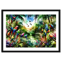 Watercolor Tropical Birds In The Jungle