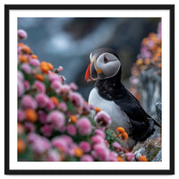 Puffin Bird Among Colorful Wildflowers In Bloom