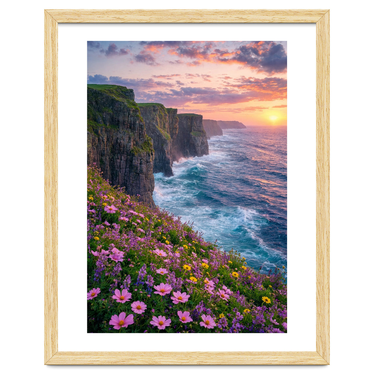 Coastal Sunset Wildflowers: Dramatic Ocean Cliffs and Floral Meadow