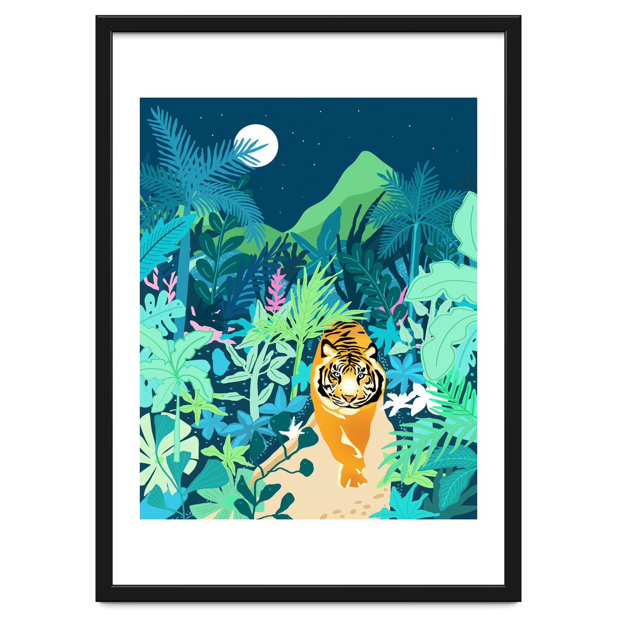 Tiger Walk, Bohemian Jungle Maximalist Nature, Botanical Forest Plants Moon Wild Animals