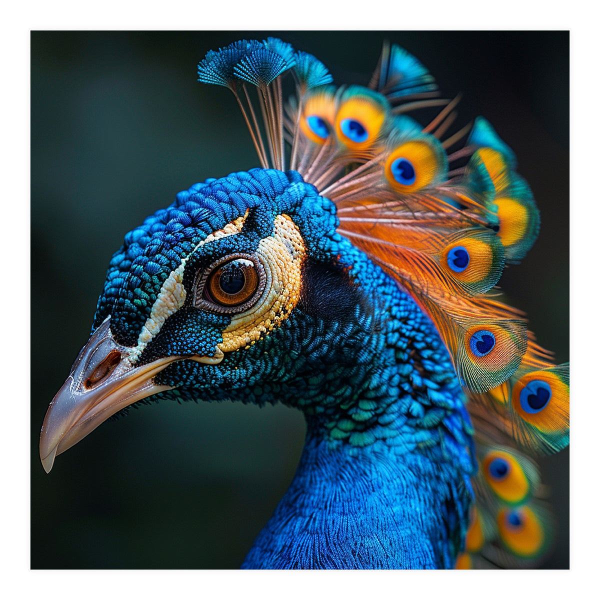 Peacock Bird Portrait Detailed Feathers Vibrant Colors (Print Only)