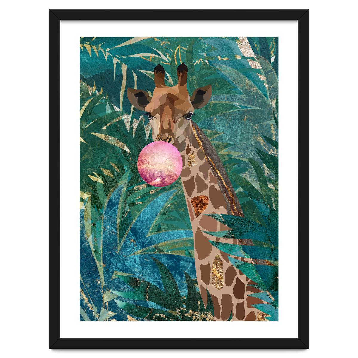 Giraffe blowing a bubble in the jungle