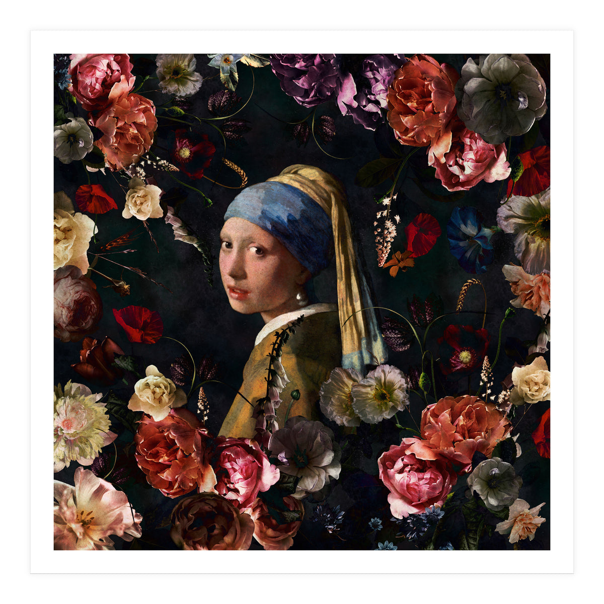 Girl With Pearl Earring And Flowers (Print Only)
