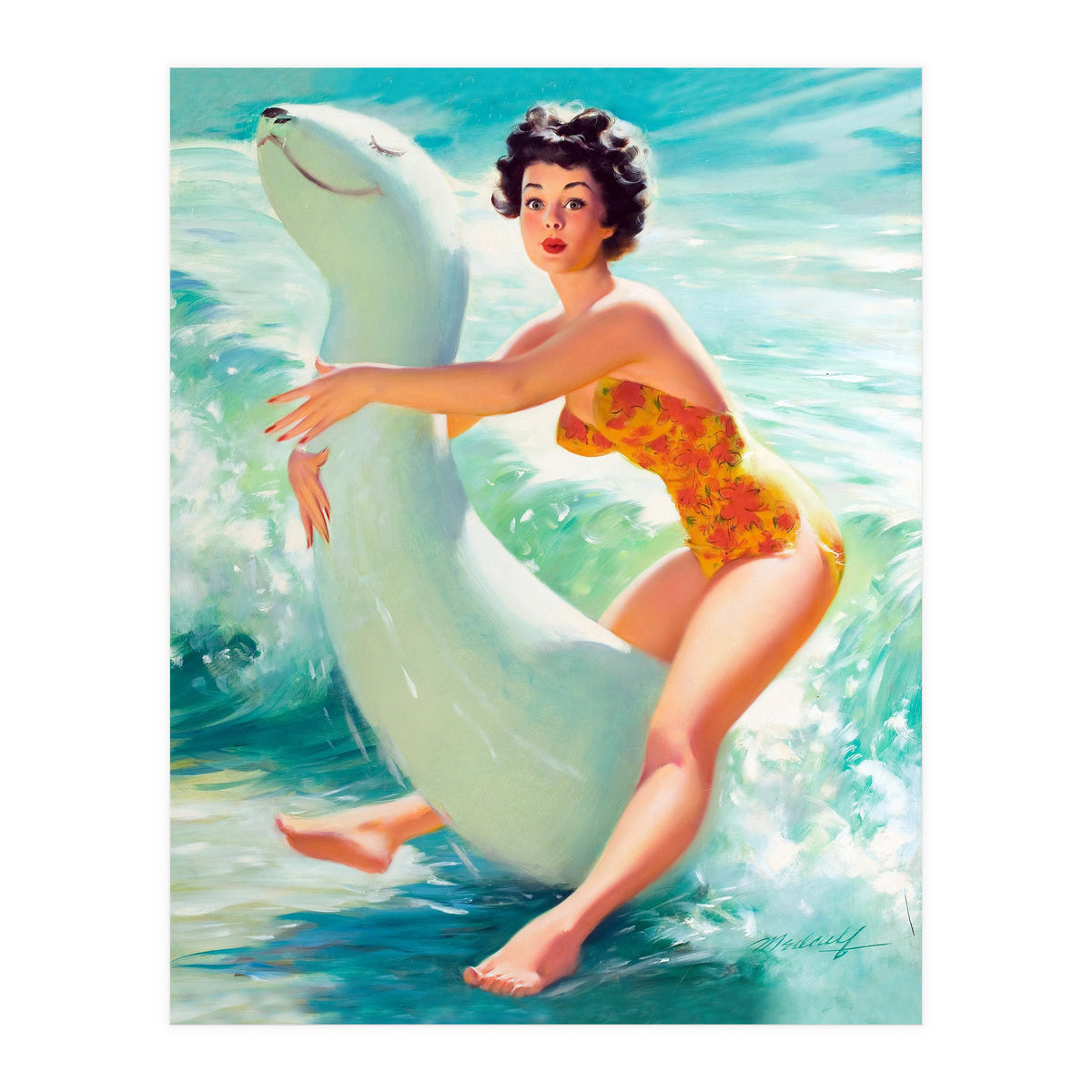 Happy Pinup Girl On The Beach Hugging Her Rubber Toy (Print Only)