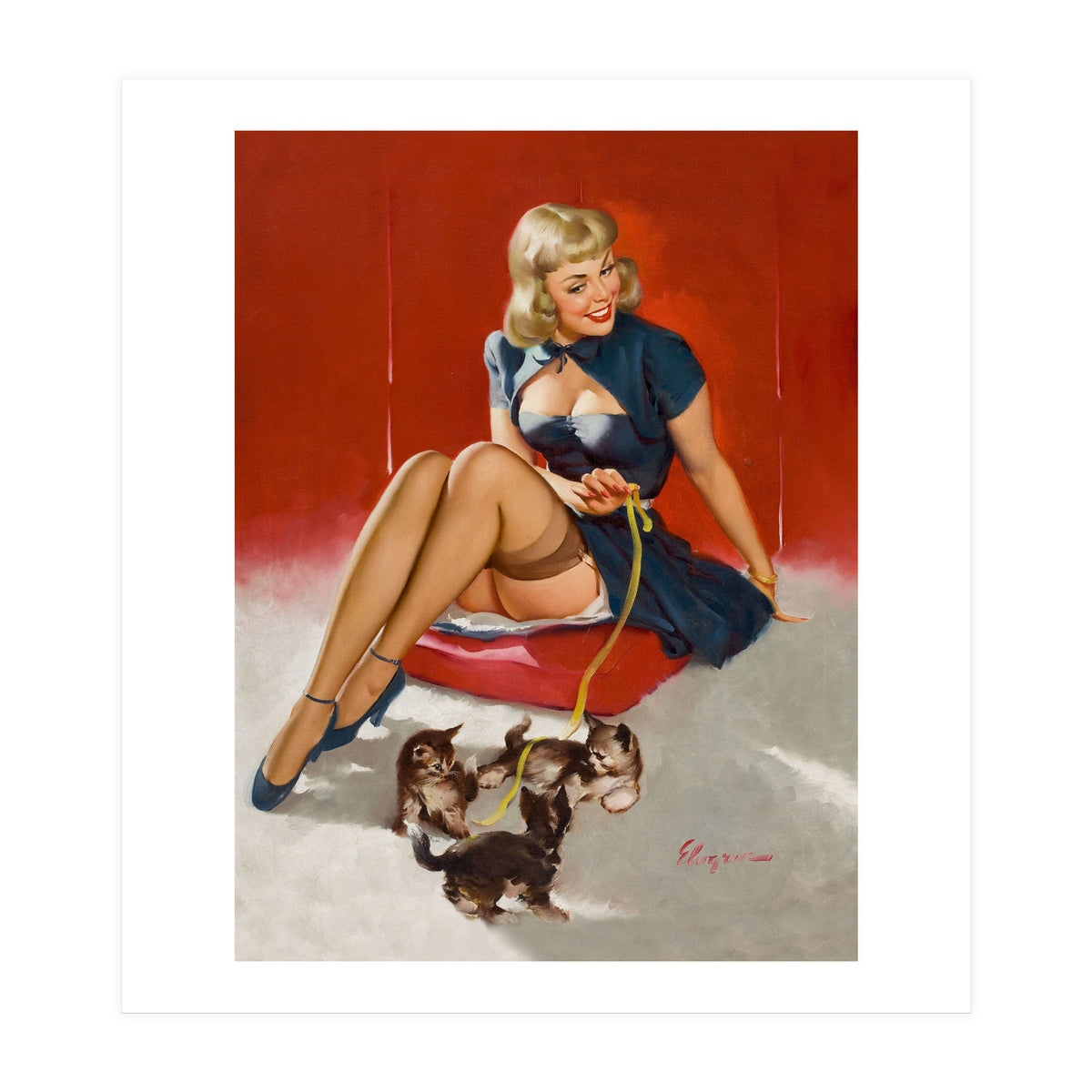 Pinup Sexy Girl Playing With Her Little Cats (Print Only)