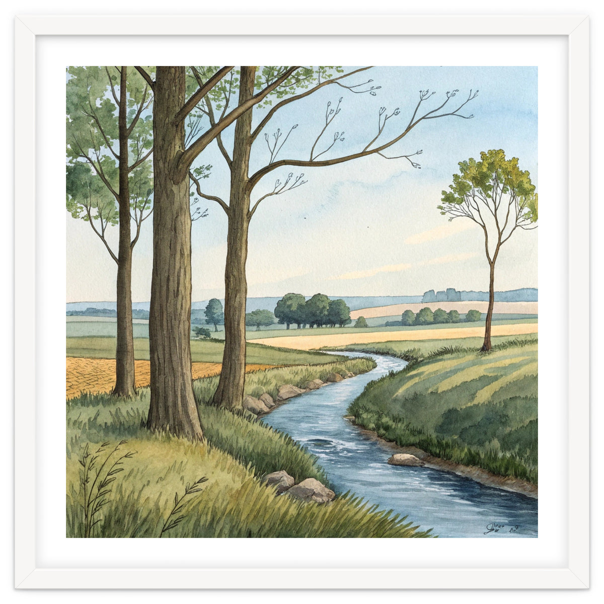 Pastoral Countryside Watercolor Painting with Winding Stream Meadows and Deciduous Trees Landscape