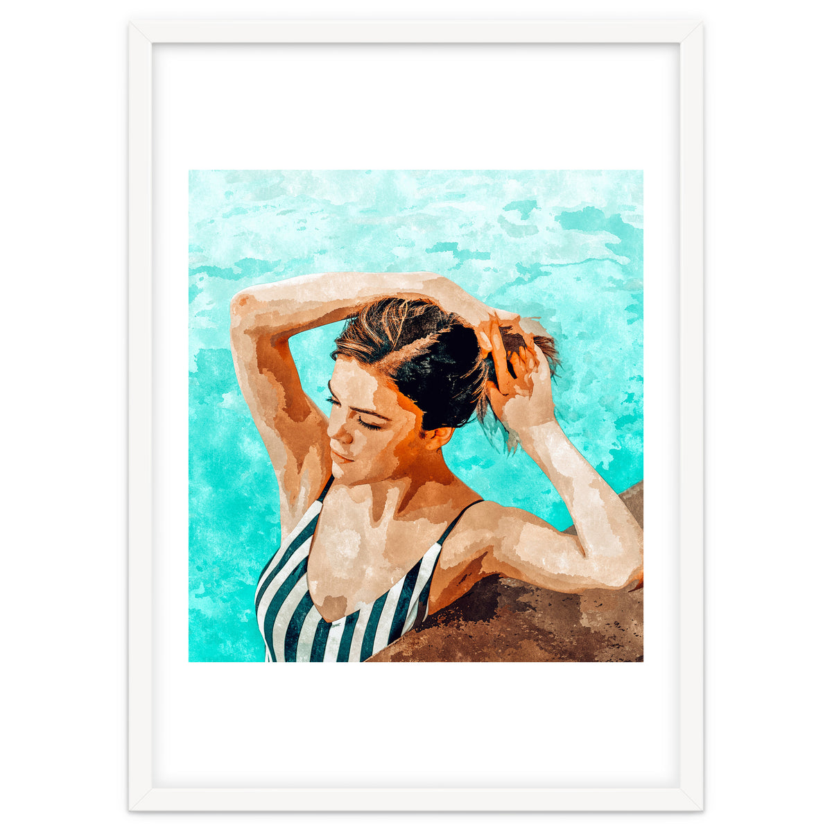 Simulacrum | Modern Bohemian Woman Swim | Summer Swimming Pool Fashion Watercolor Painting