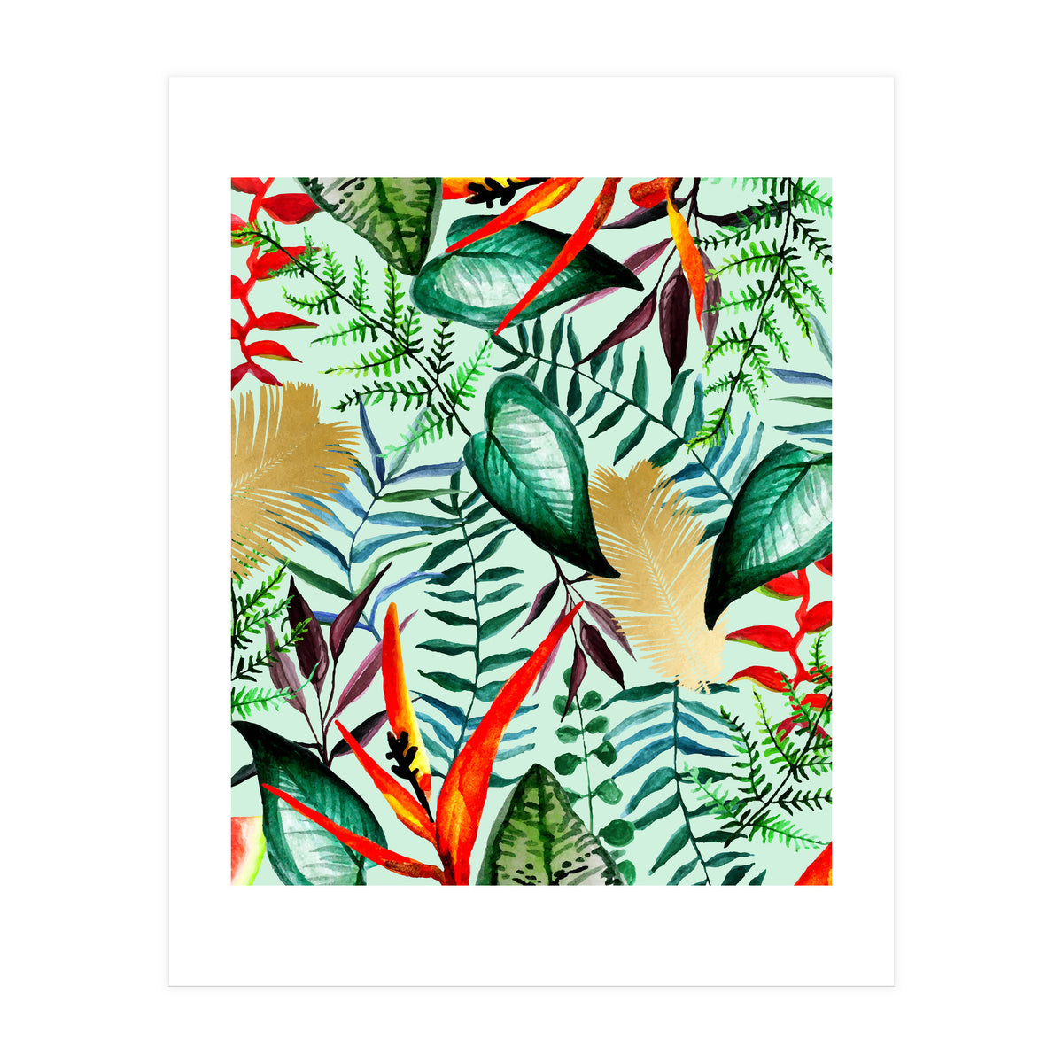 Paradise, Tropical Jungle Botanical Bohemian Illustration, Palm Bird of Paradise Gold Painting (Print Only)
