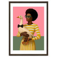 Stylish Woman Holding Goose In Striped Dress