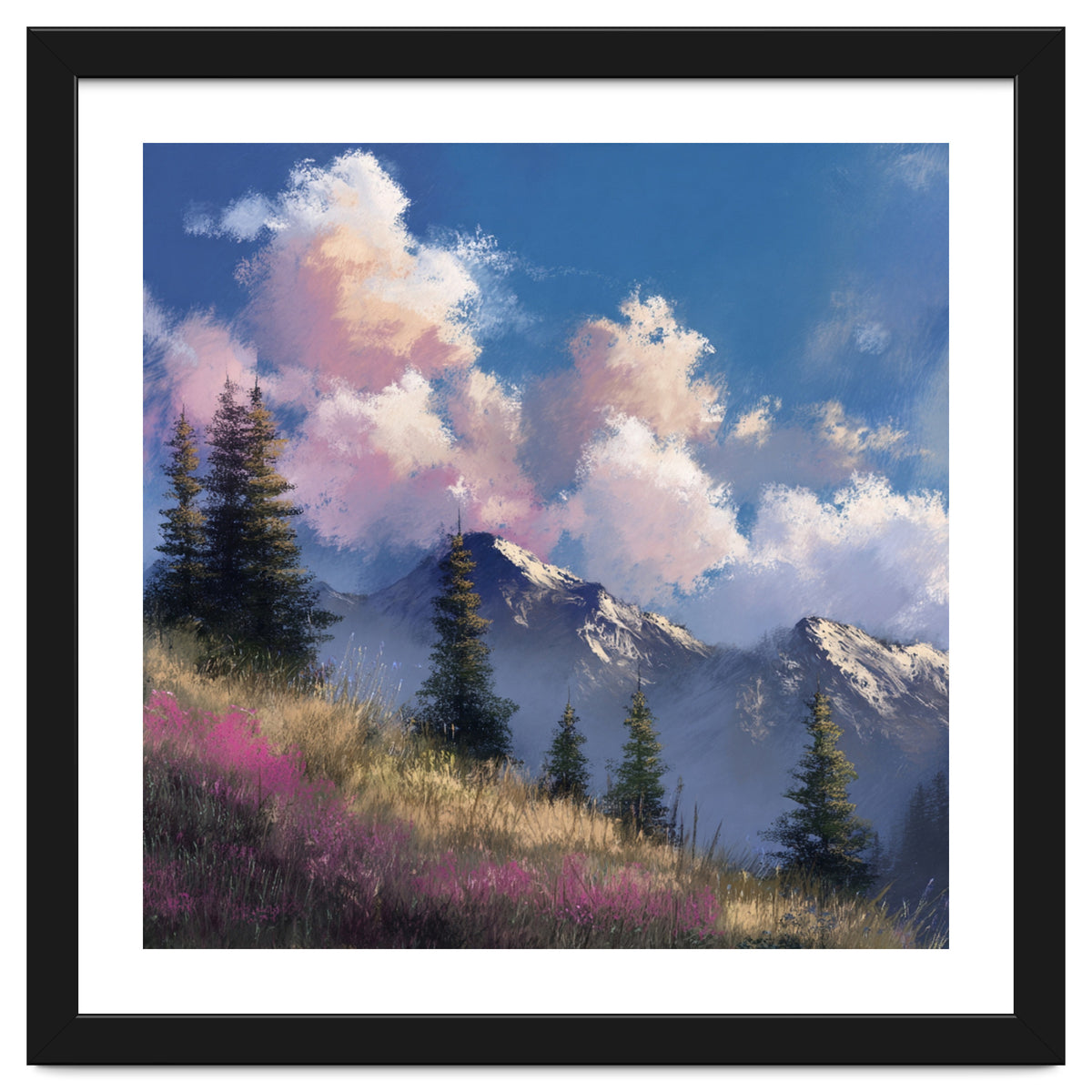 Alpine Summer Meadow with Vibrant Wildflowers and Snow