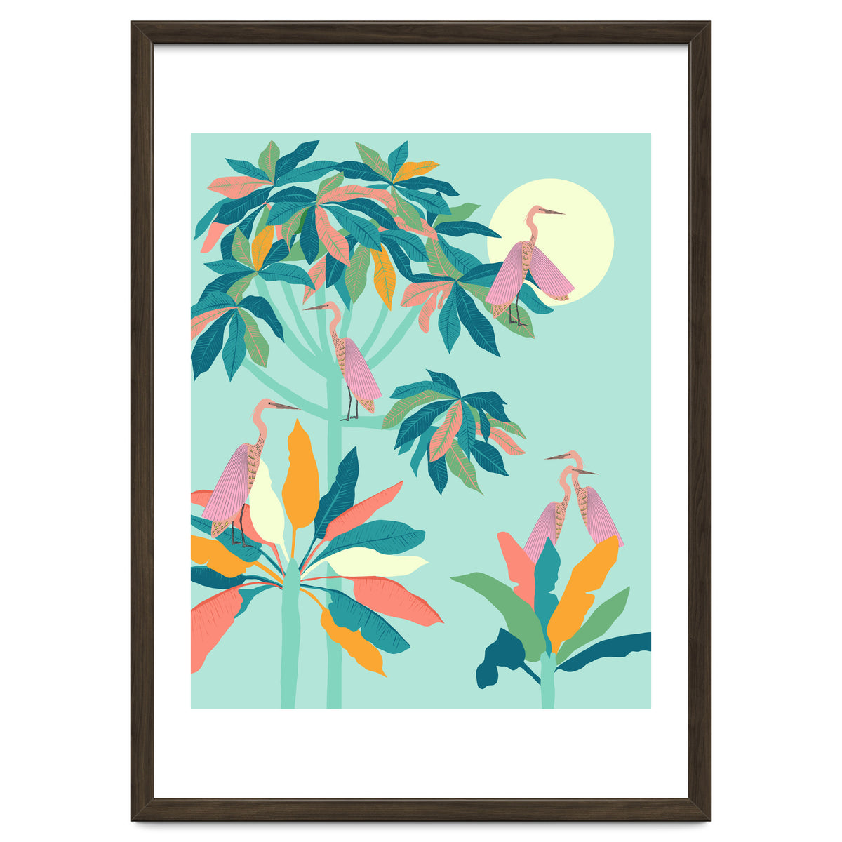 Drawn To The Moon, Stork Heron Flamingo Birds, Tropical Pastel Wildlife Forest Nature, Animals Jungle Bohemian Eclectic Fly