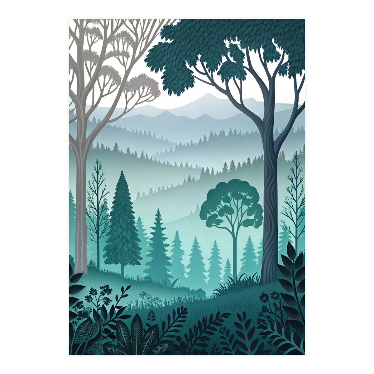 Vibrant Silhouettes in the Misty Teal Highlands (Print Only)