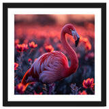 Pink Flamingo Bird Standing Among Flowers At Sunset thumbnail