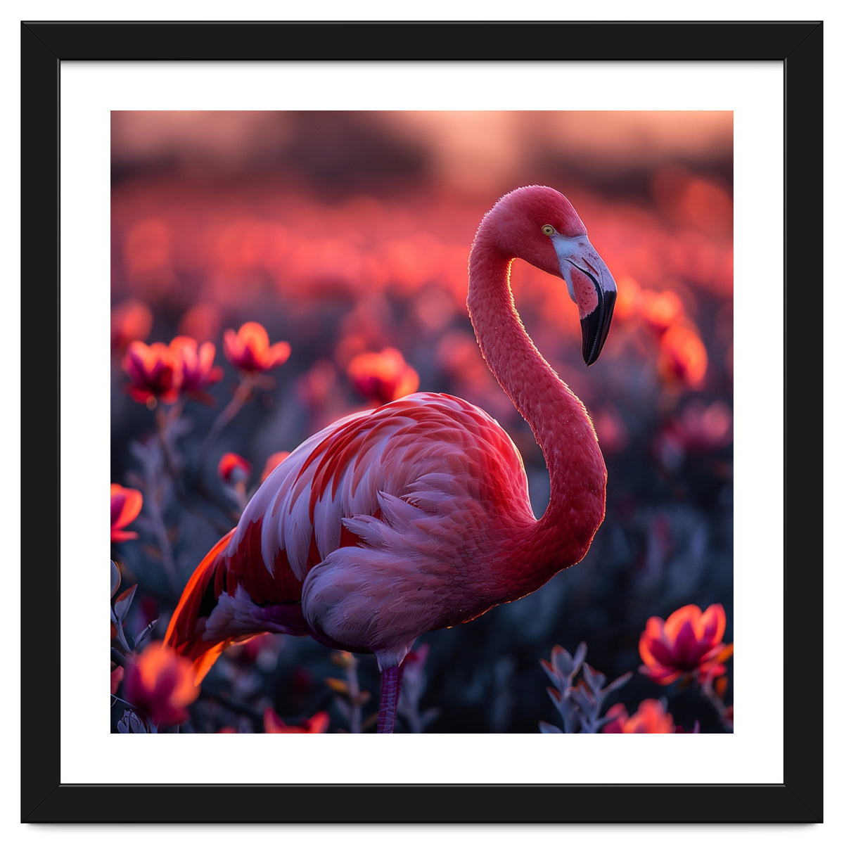 Pink Flamingo Bird Standing Among Flowers At Sunset