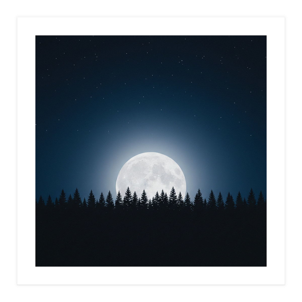 Midnight Serenity: Full Moon Over Forest Silhouettes (Print Only)