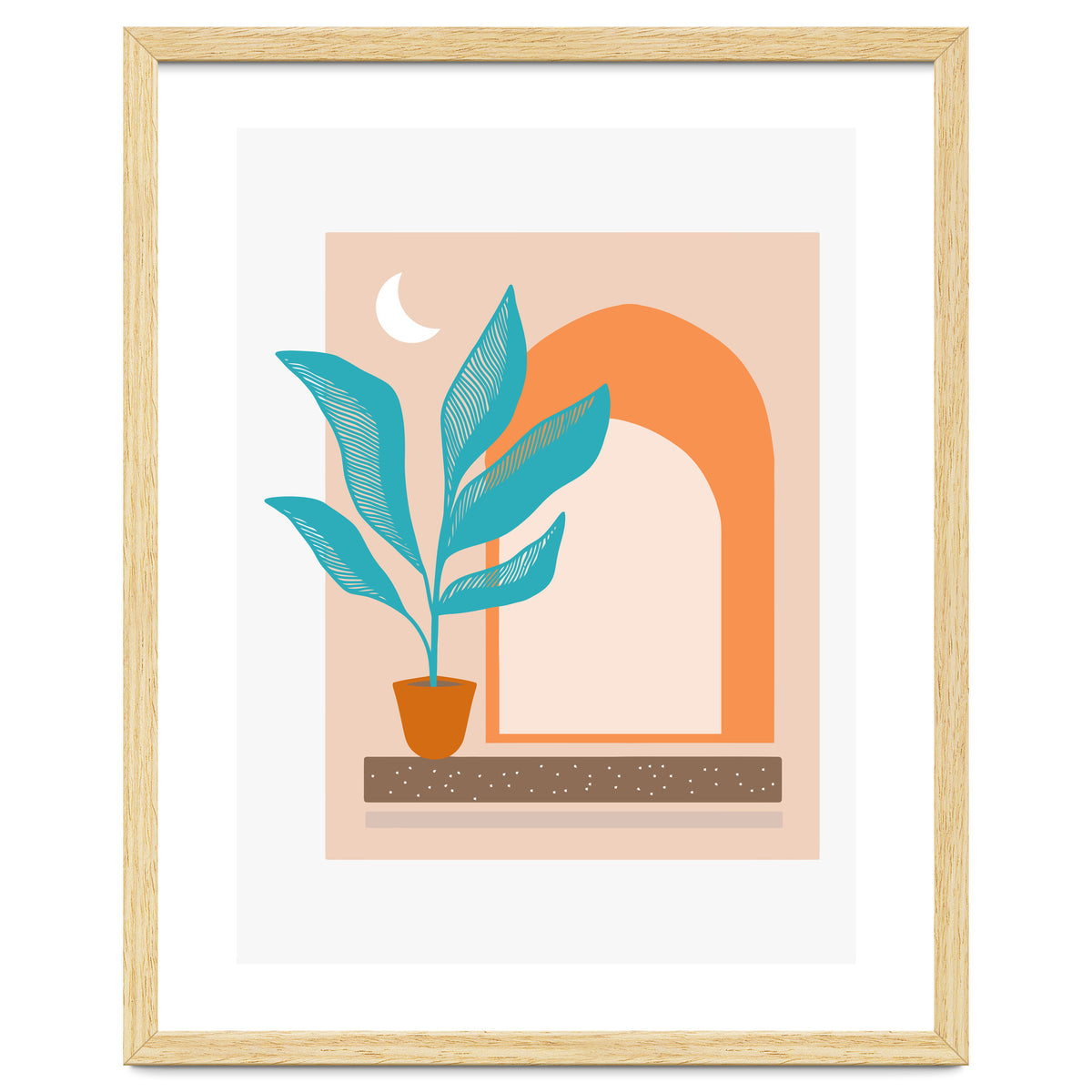 Moonlight Villa, Architecture Modern Bohemian Travel Illustration, Pastel Tropical Home Minimal Line Art