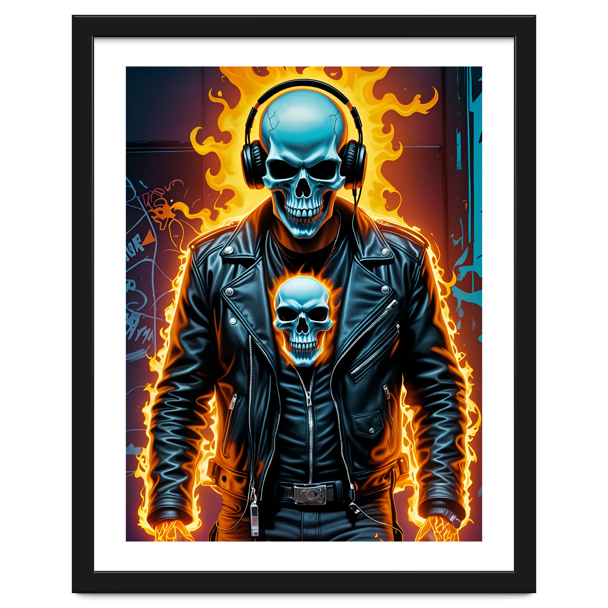 Fiery Skeleton Biker In Headphones